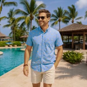 Izod Mens Breeze Orange Print Button Down Shirt Moisture Wicking Blue Size S